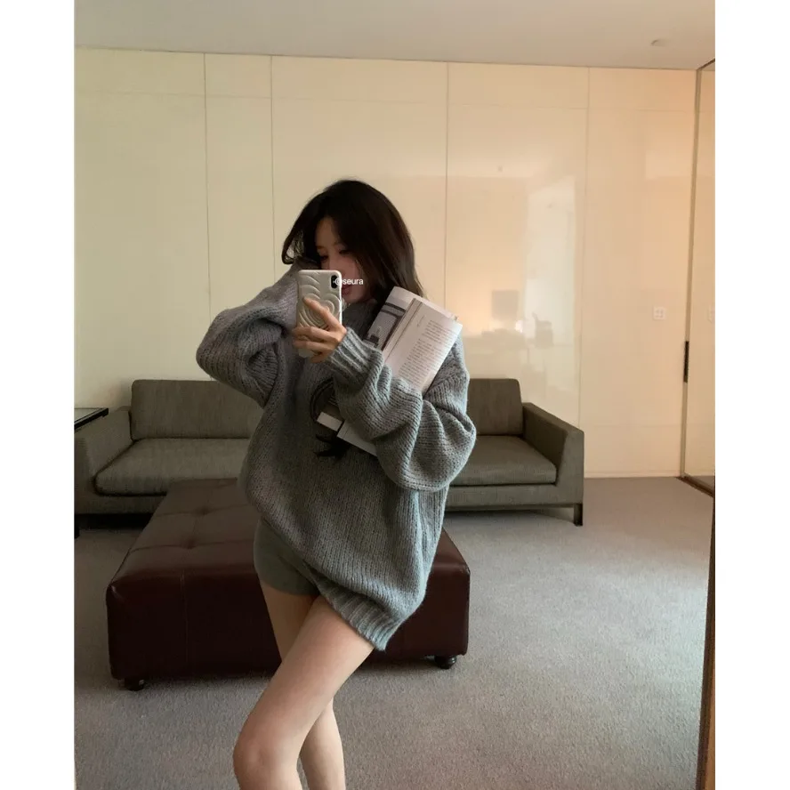 الكورية شيك لينة مريحة جولة Ne البلوز سترة المرأة شتاء جديد Sle فضفاض طويل Sve محبوك ارتداء للتنقل