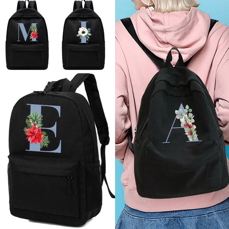 Large Capacity Canvas Backpack Light Blue Letter Travel Bag Canvas Backpack Student School Bag Canvas Student Zipper Backpack