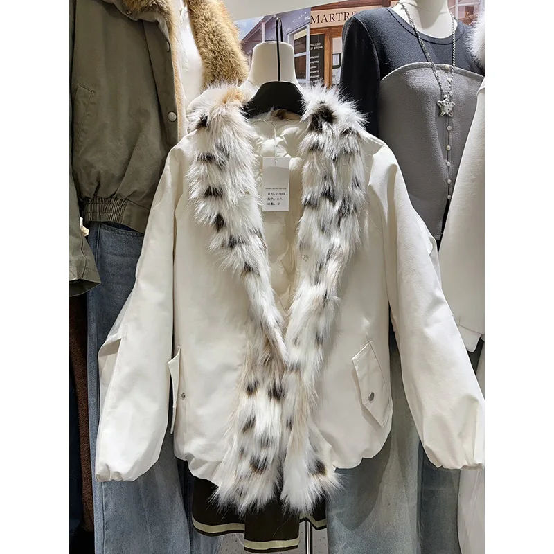Benuynffy high street leopardo gola de pele algodão-acolchoado jaqueta feminina 2025 outono inverno novo grosso quente moda parkas para mulher