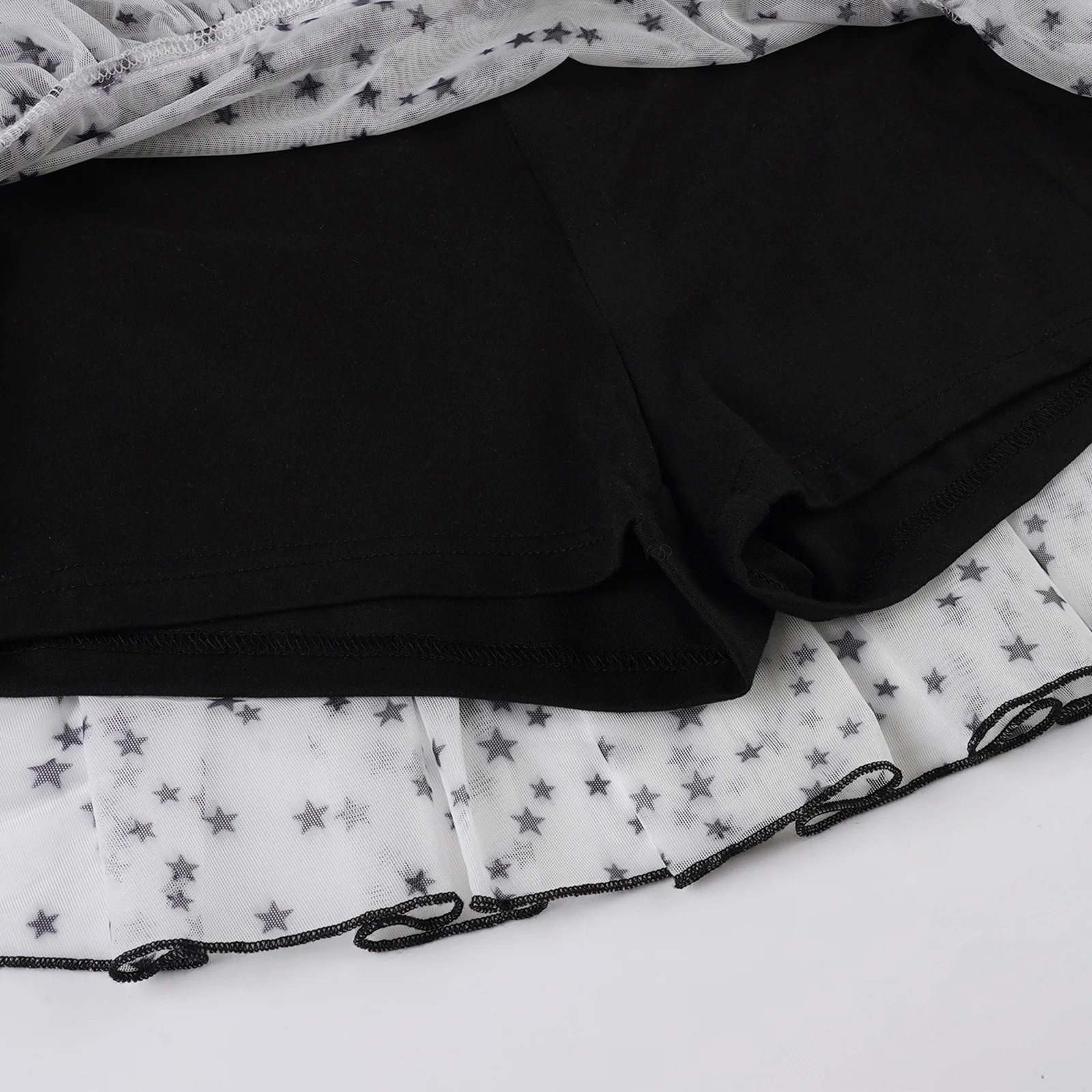 

Women Star Print Mesh Miniskirt with Built-in Shorts Ruffled Trim Side Drawstring A-line Skirt for Street Party Vacation