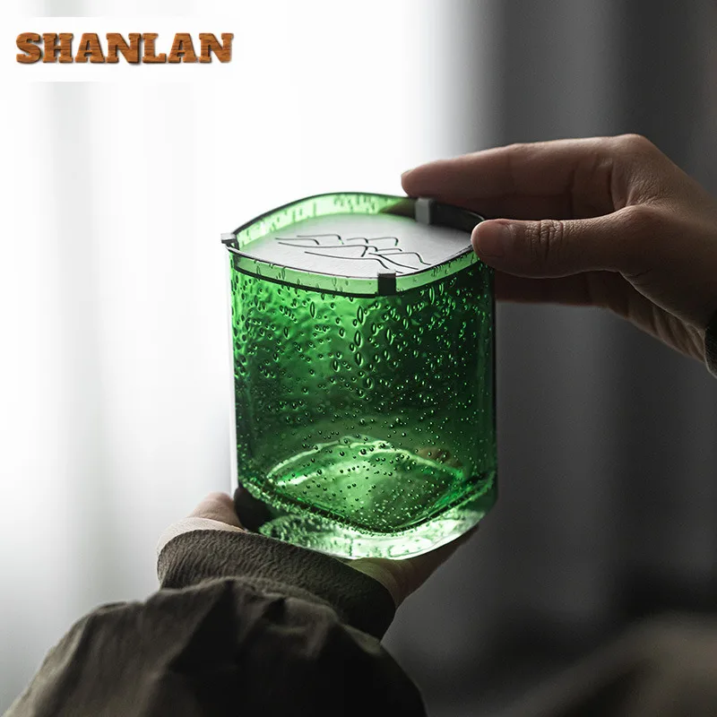 360ml Hand Blow Green Bubble Glass With Lid Jianshui Washing Cup Bowl Tea Residue Barrel Water Washing Slag Tank Chaxi Supplies