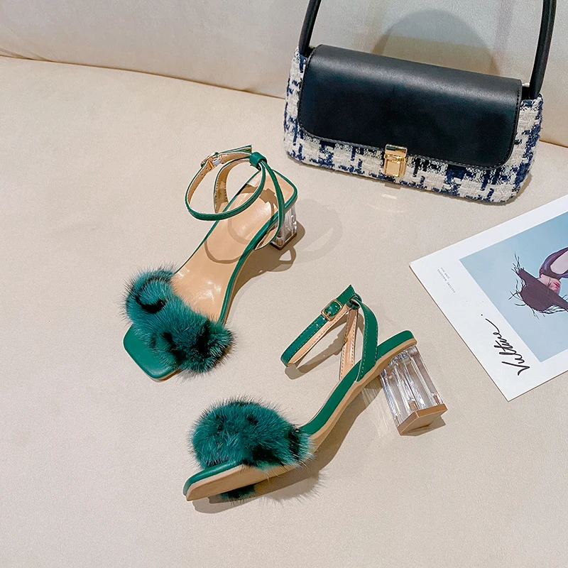 

Summer Green Leopard Pattern Sable Hair Transparent Heels with Fur Stripes Women's Shoes Sandals Women's Middle Heels
