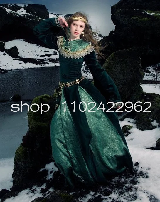 Velvet Historical Medieval Celtic Prom Dresses Hunter Green Long Sleeve Elven Fairy Tudors Renaissance Evening Gown Bustle