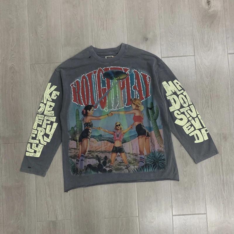 Letter Print Trend Fashion Men's Women's Loose Rough Play Long Sleeved American Retro Washed Grey Top Stock