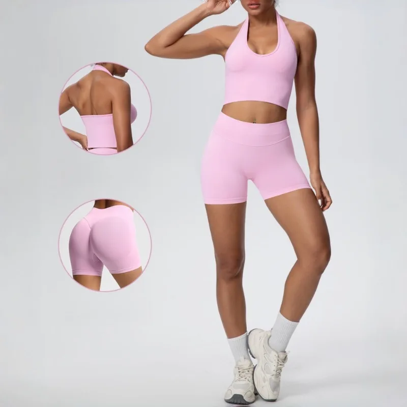 

Women's Seamless Yoga Set Breathable Neck Hanging Beautiful Back Slim Fit Sports Set Outdoor Running Leisure and Fitness Suit