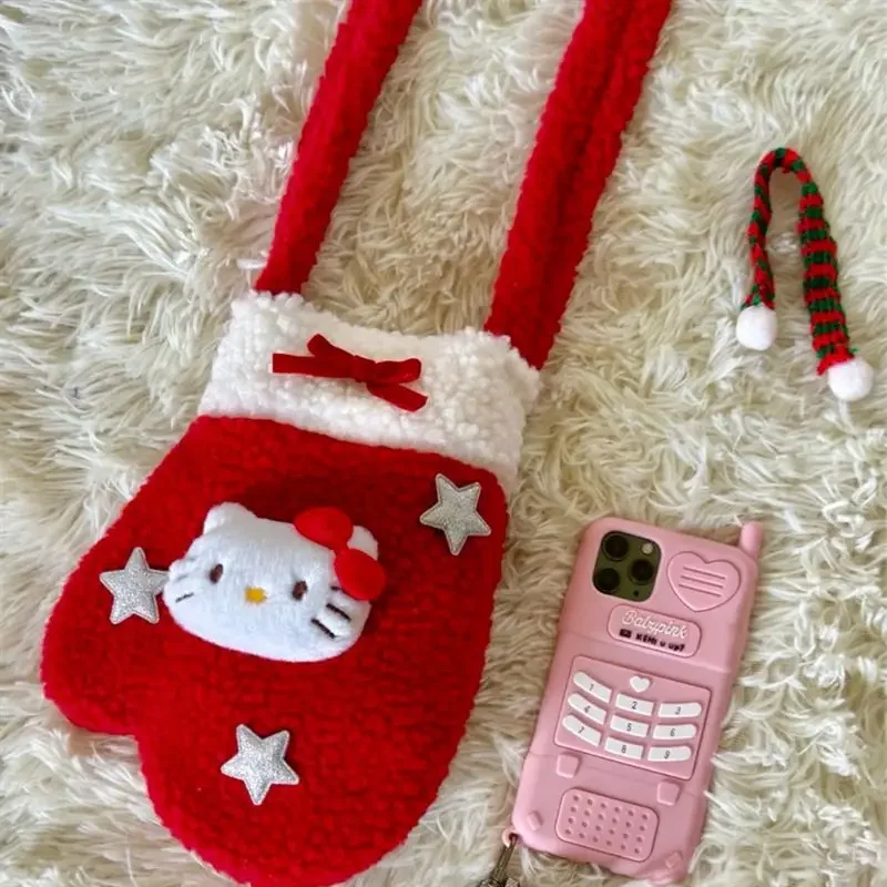 

Hello kitty Christmas Plush diagonal straddle bag photo gloves bag messenger bag Spring sisters plush winter Gifts For Kids Girl