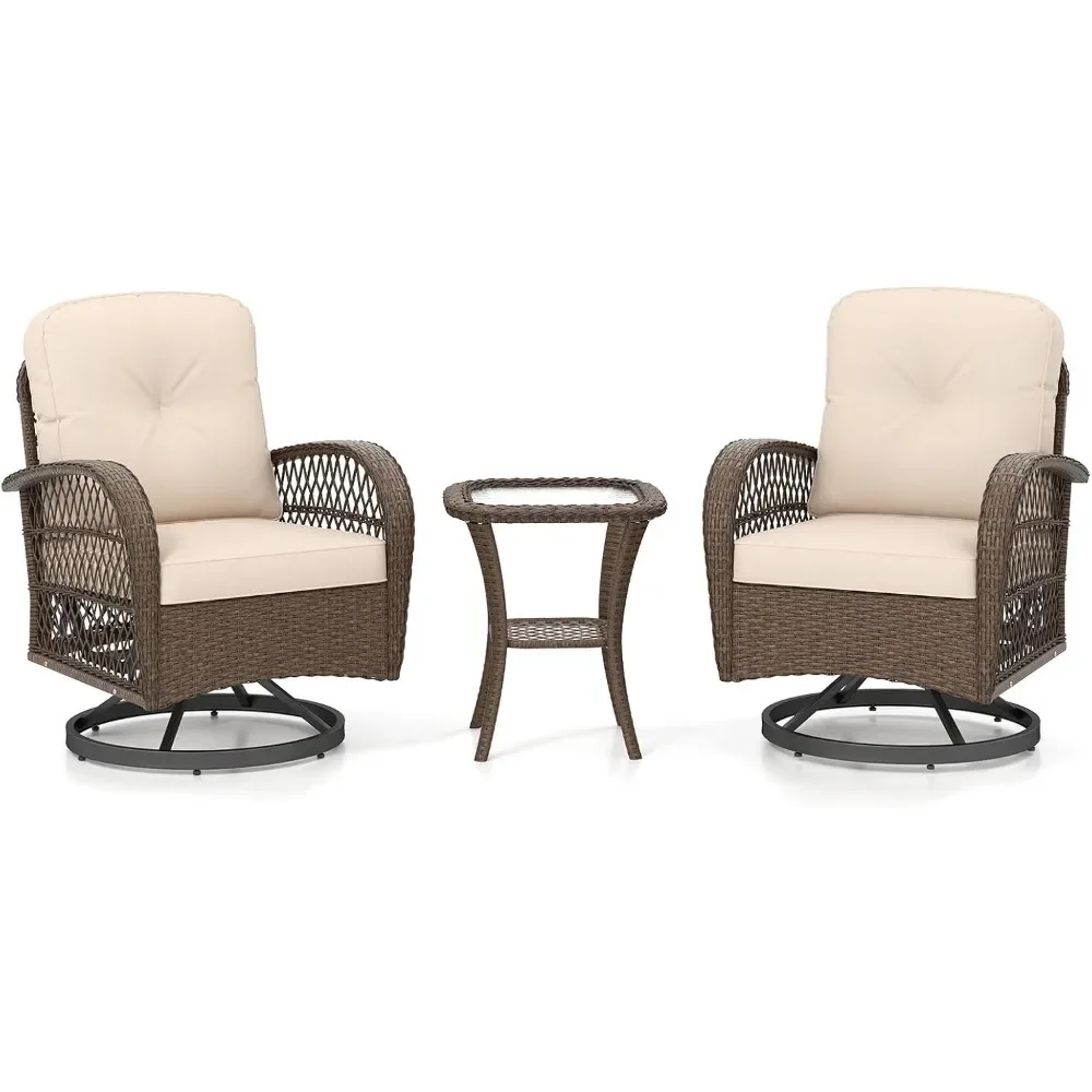 

3 Pieces Wicker 360° Swivel Rocker Set Patio Furniture, Rocking Chairs with Cushions, Tempered Glass Coffee Table, Outdo