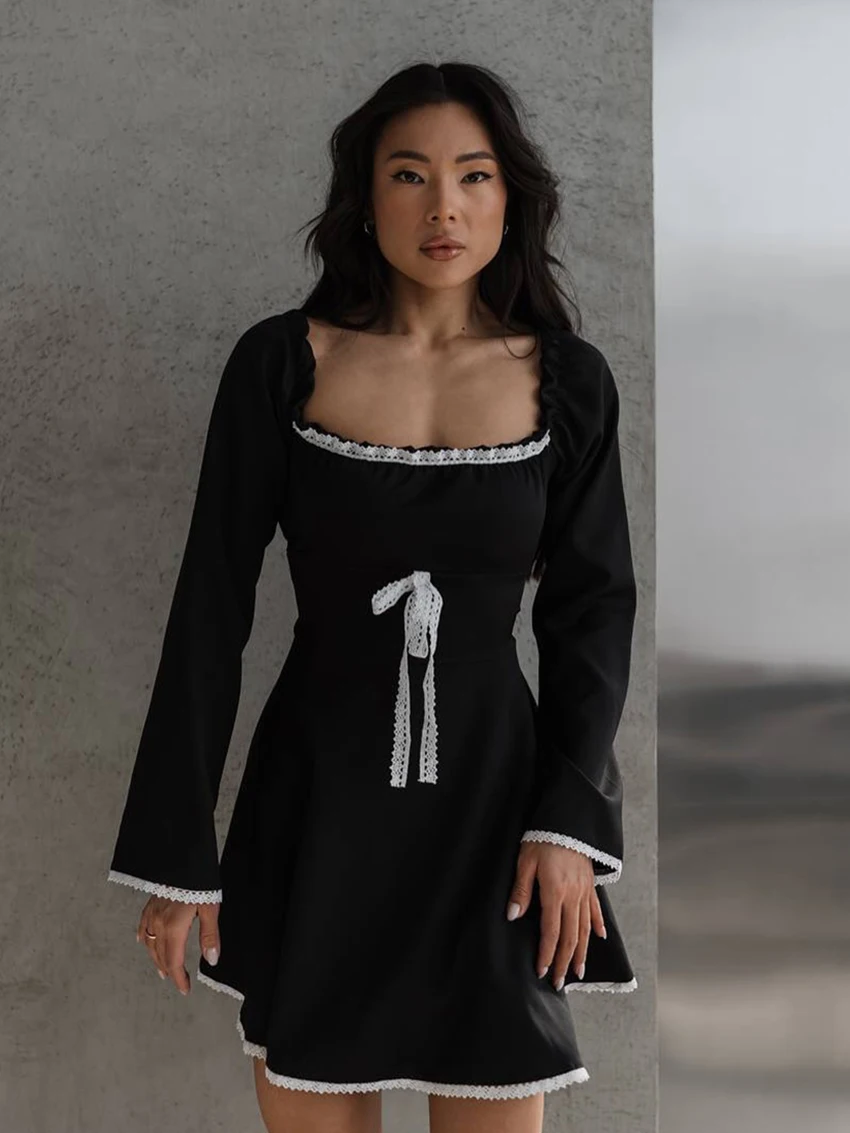 

Marthaqiqi Fashion Bow Women'S Nightgowns Square Collar Nightwear Long Sleeve Pajamas Mini Dress Winter Ladies Sleepwear Comfort