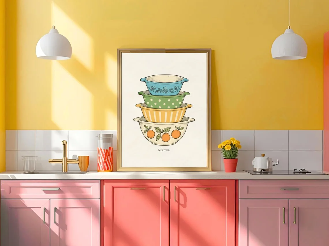 Retro Mixing Bowls Wall Art | Vintage Glassware Kitchen Print | Printable Mid Century Kitchen Decor | Kitschy Foodie Wall Art