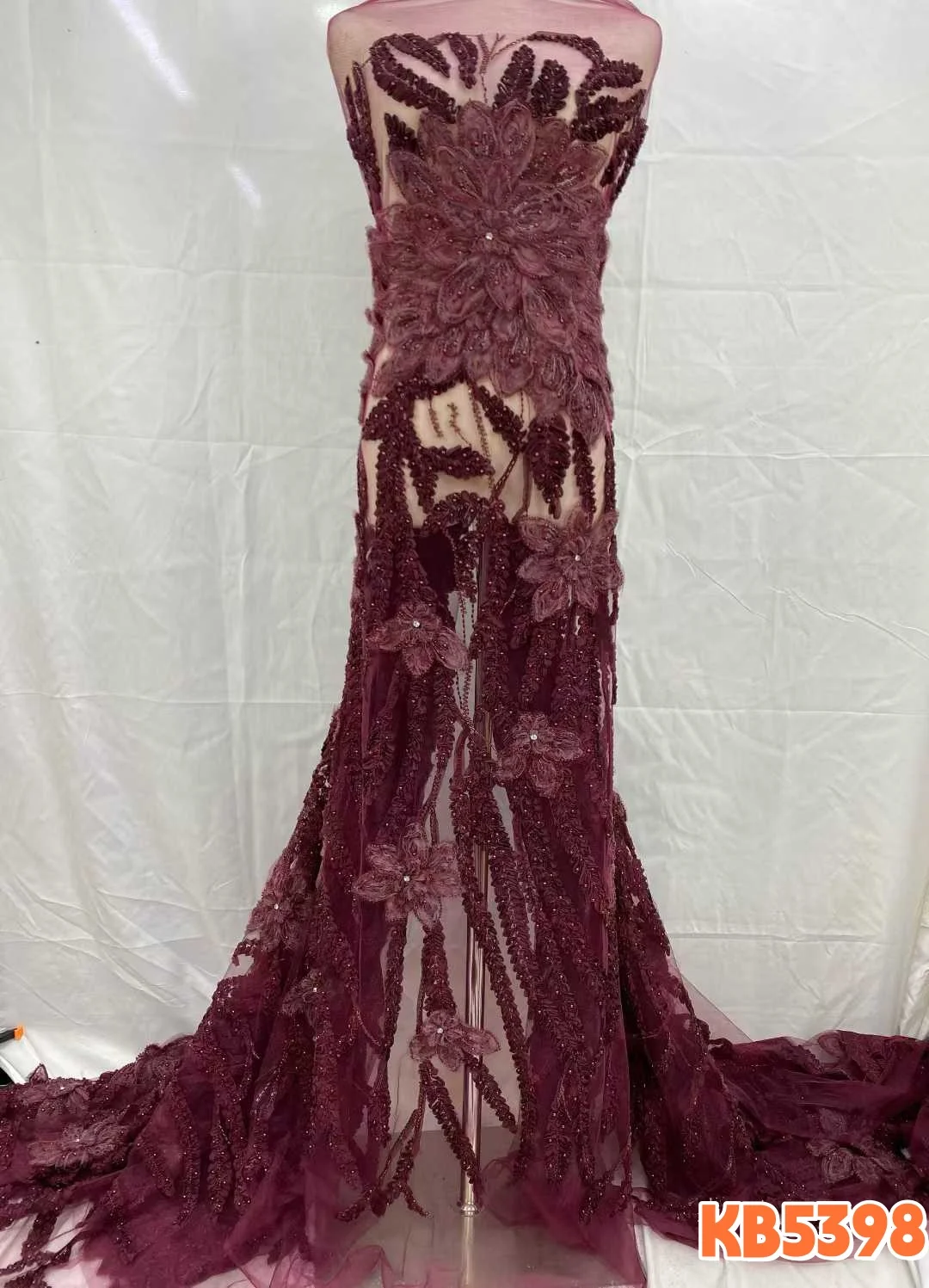 

Бордовое 3D-кружево с цветами и бисером, африканское кружево с бисером, 5 ярдов, кружево с пайетками, свадебное кружево для пошива платьев KB5398