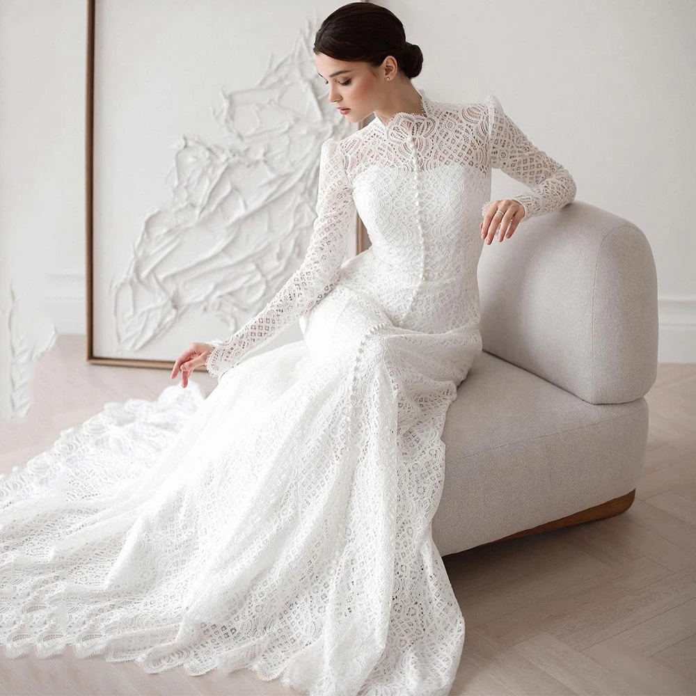 Customized Long Sleeve A-line Romantic Bride Gown High Hollow Out Wedding Dresses for Women فستان حفلات الزفاف Illusion robe de 