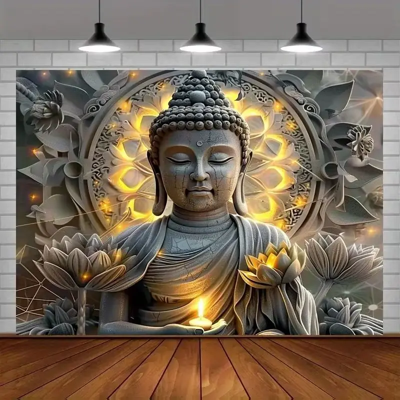VIKAMA Buddha Lotus Tapestry Golden Light Candle Print Wall Hanging For Living Room Meditation Yoga Decor Banner