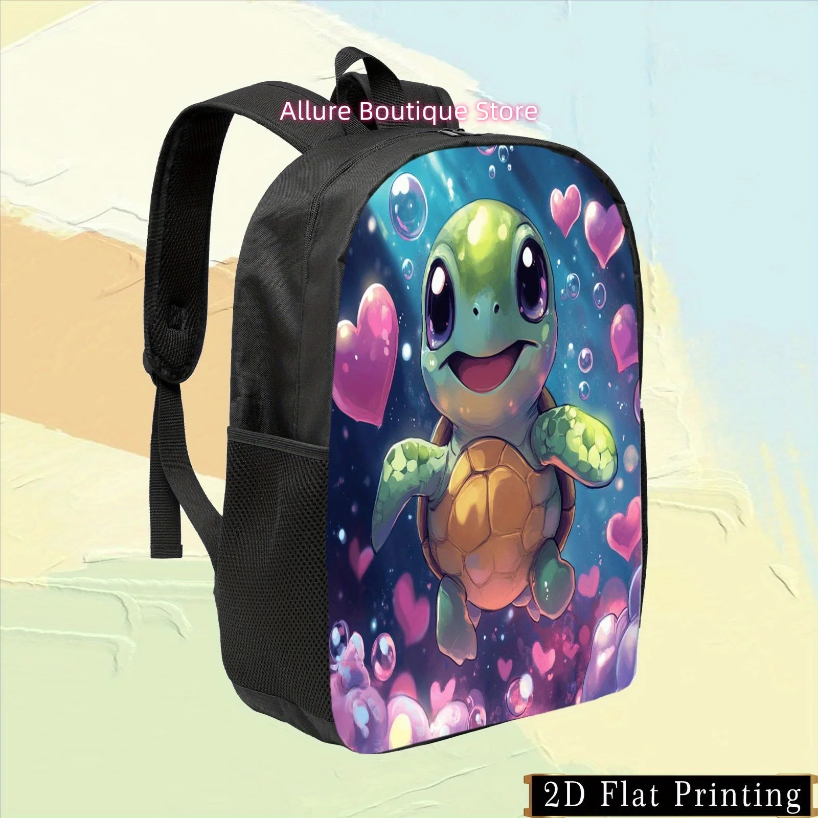 1pc Colorful Single-Sided Printed Student Backpack with Cartoon Turtle Design, Dreamy Heart Bubble Pattern, Zipper Bag with Shou