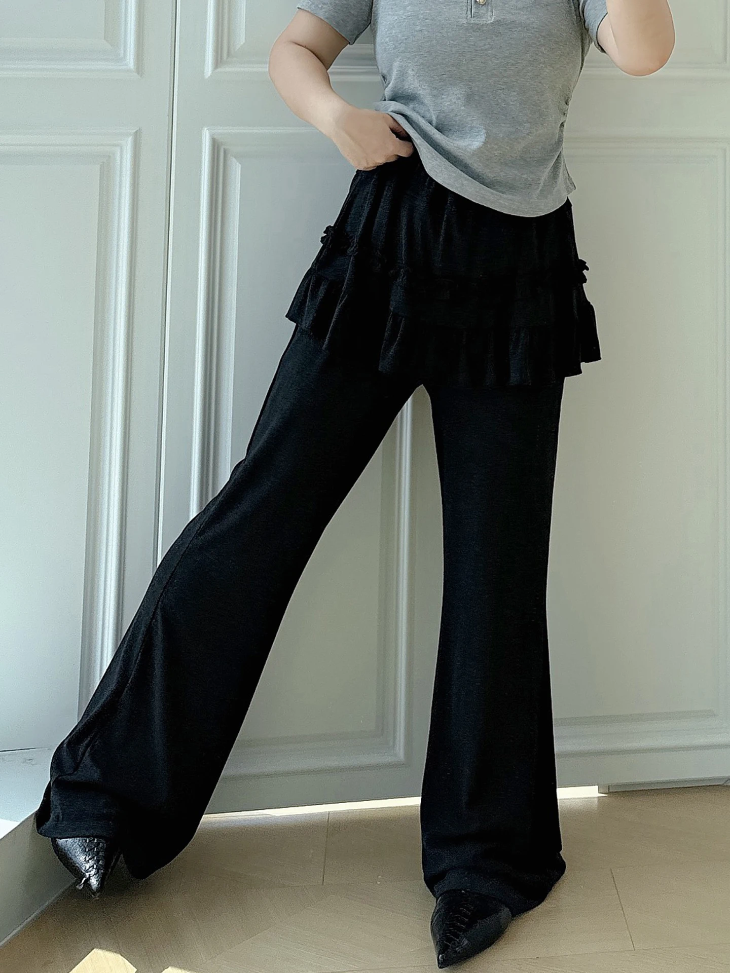 

Black High Waist Flared Pants plus Size Women's Casual Style Fake Two-Piece Set Elastic Waist Loose Fit Spring Commute