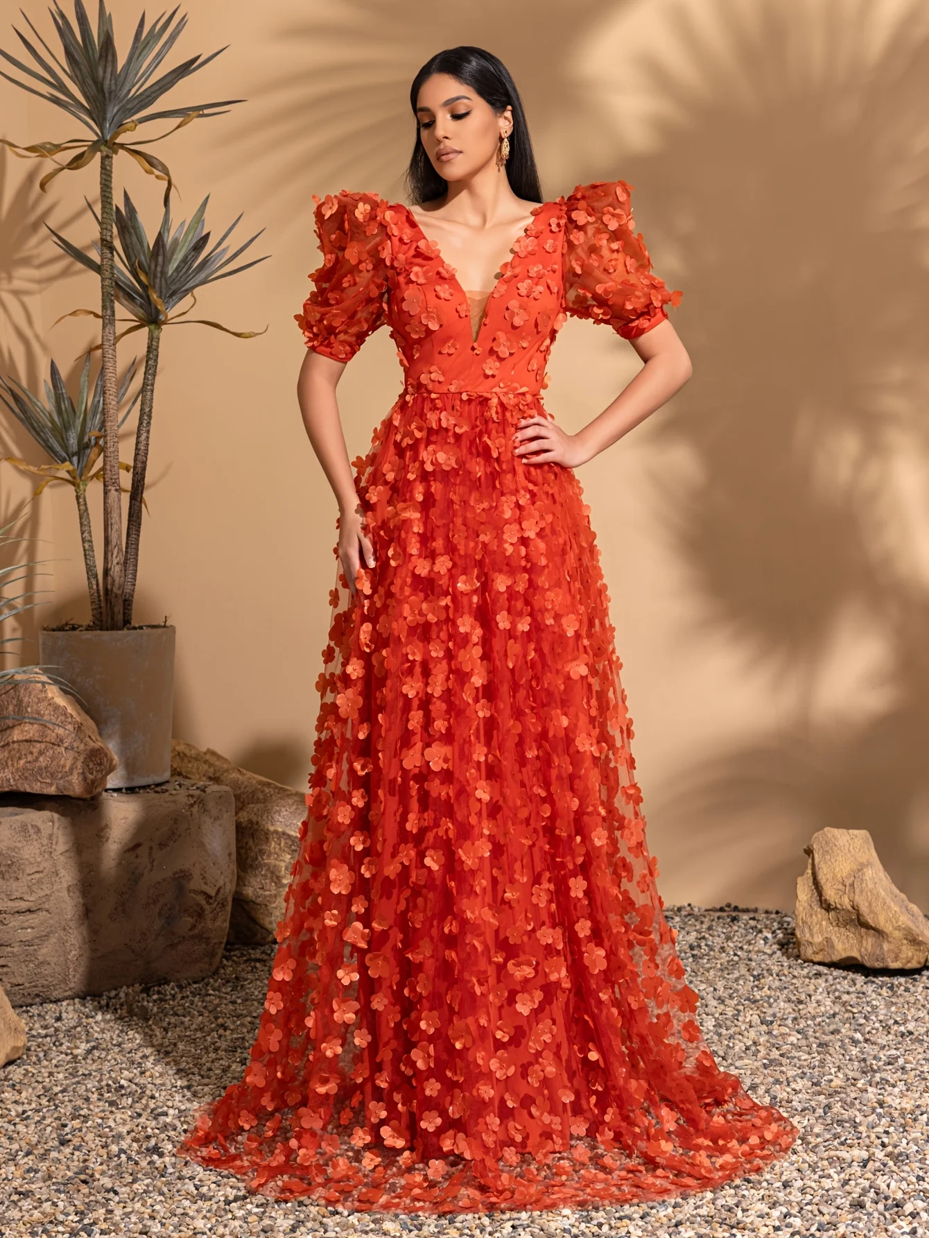 V-neck puff sleeve mesh applique wedding dress, party dress