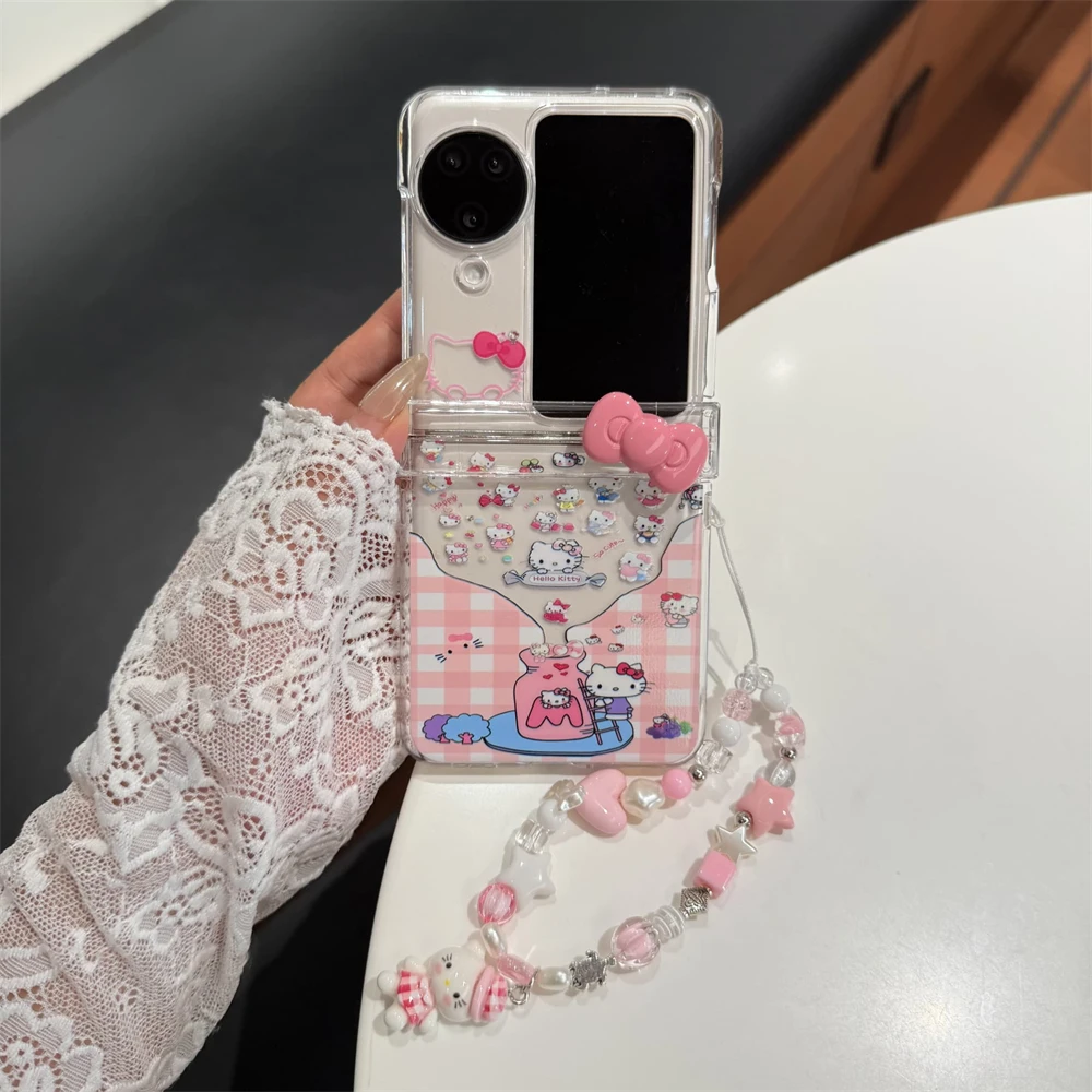 

Чехол для телефона Hello Kitty с 3D бантом для OPPO Find N2Flip N3, противоударный противоскользящий защитный чехол на петлях, прозрачный складной чехол