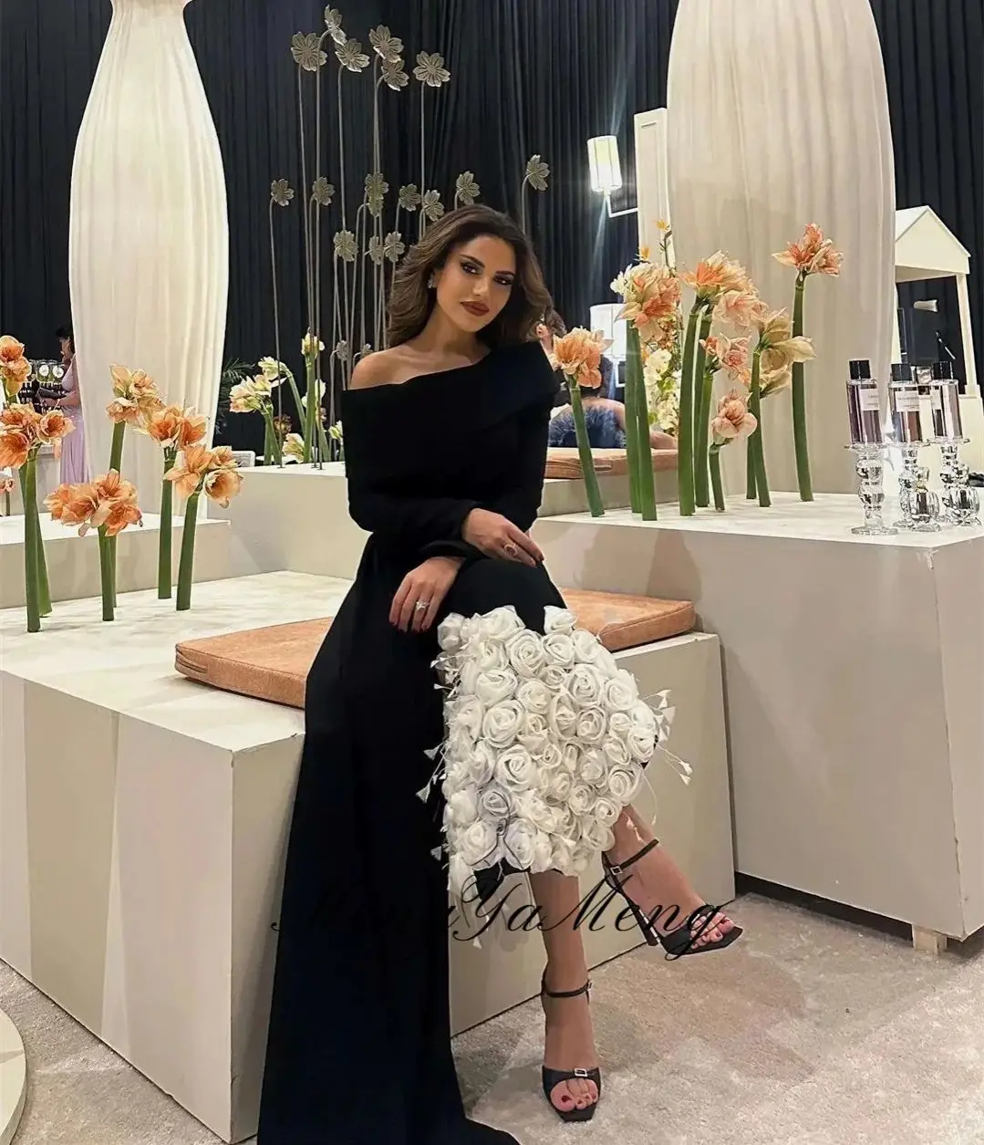 ZHUISHU Luxury Women's Evening Dresses for Special Occasions Custom Made 3D Flowers Fish Tail Black Long Sleeves Dress Prom image 2