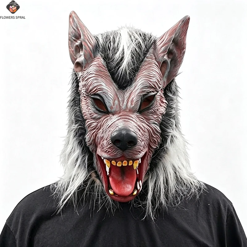 Werewolf Latex Full Face Mask, White Hair, Scary Wolf Headgear Halloween Cosplay Costume Props, Used For Parties