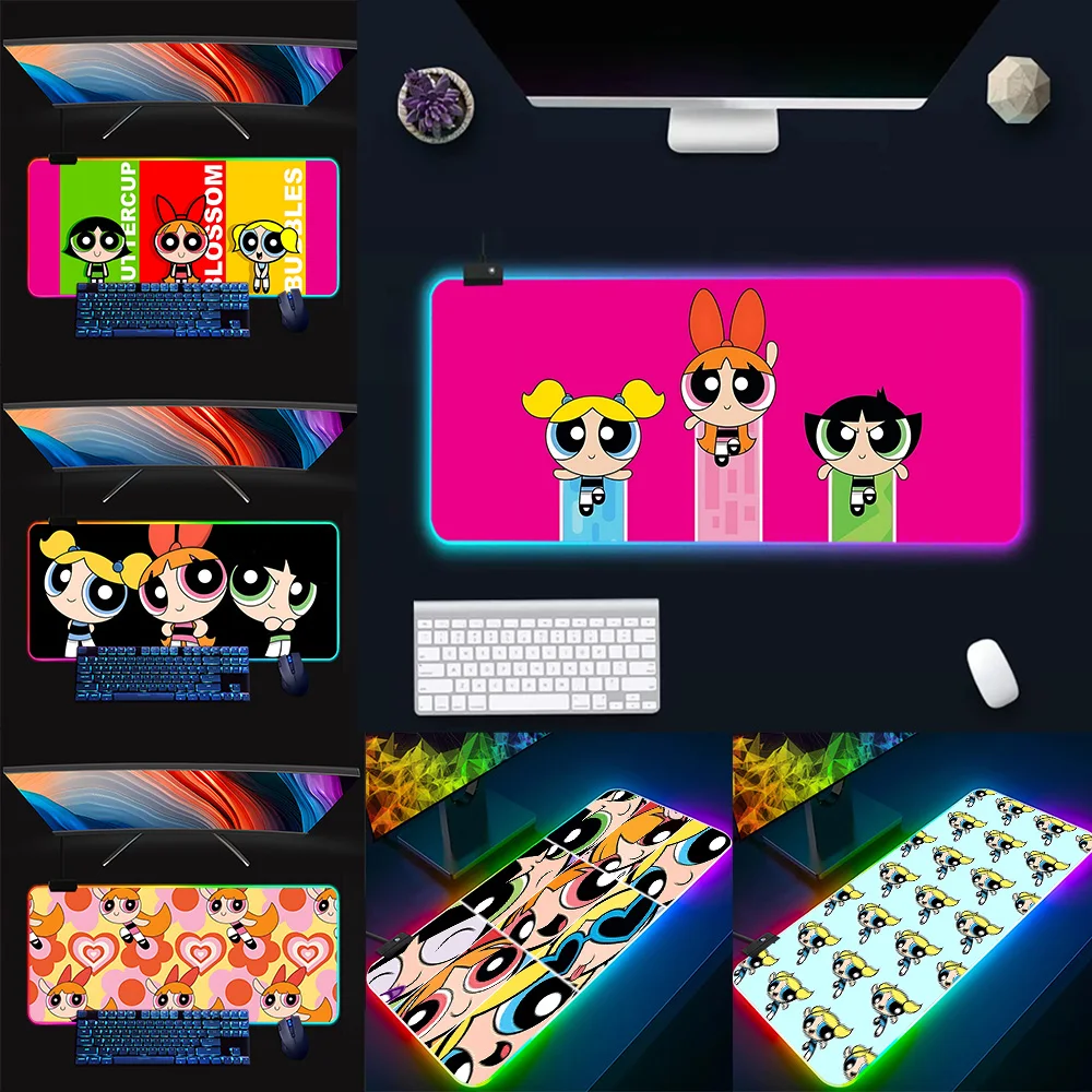 

Cute Powerpuffs-Girls RGB Pc Gamer Keyboard Mouse Pad Mousepad LED Glowing Mouse Mats Rubber Gaming Computer Mausepad