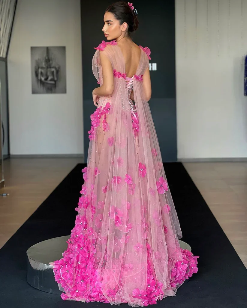 Pink Prom Dresses Tulle Floral Beaded Slit Saudi Arabia Dubai Robe De Soiree Evening Dress Gown Haute Couture Customized