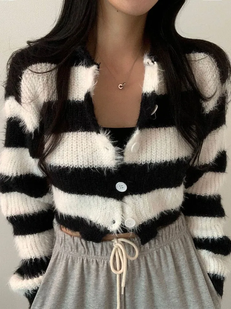 

Chic ort Knitted Cardigan Women's Striped Single Button Sweater Coat Early Autumn Sle Student Faion Outerwear
