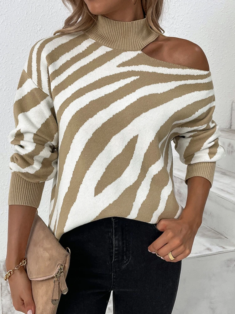 

Women's Sweaters Knitwear 2024 Autumn/Winter New In Pullover Shoulderless Tiger Mock Neck Office Lady Sweater for Women