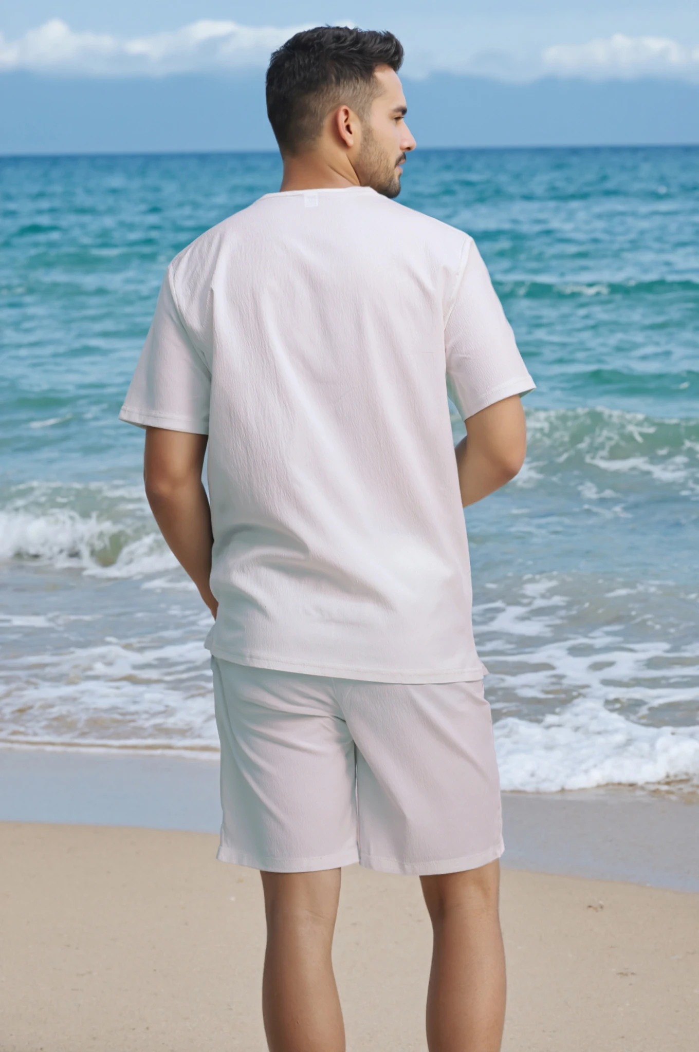 New men's short sleeve suit casual solid color double pocket suit daily beach short sleeve suit