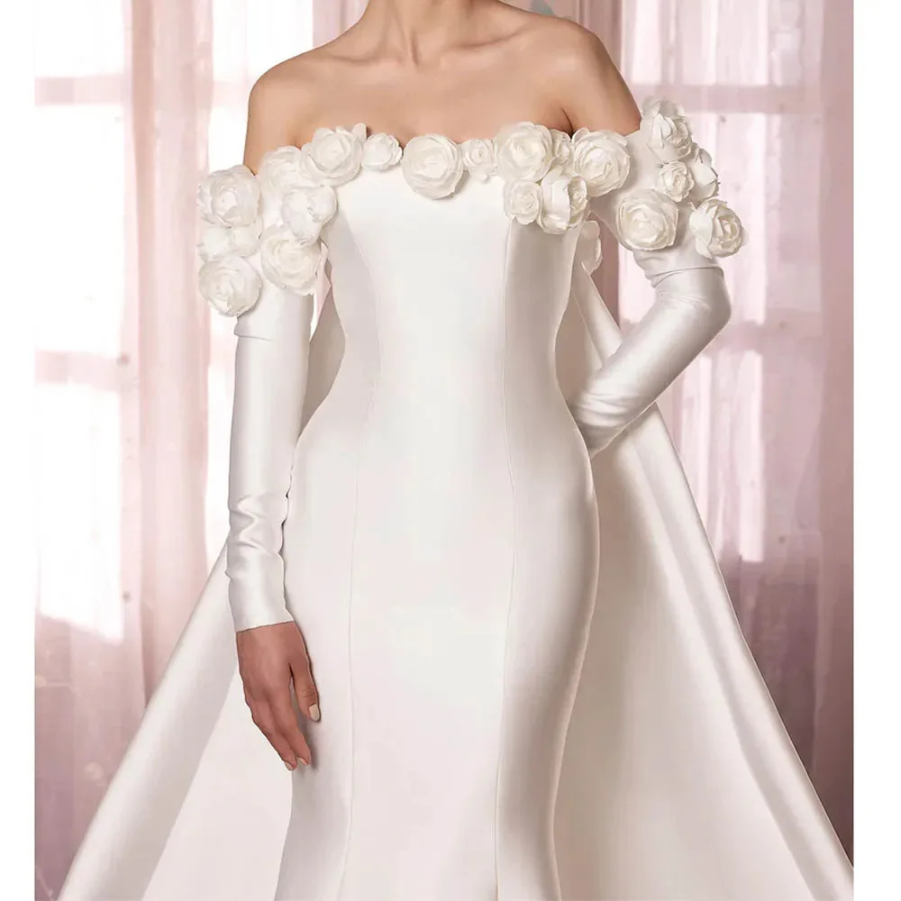 Customized 3D Flowers Wedding Dresses for Elegant Women Off the Shoulder Royal Train Long Sleeve Formal Occasion Dress Luxury