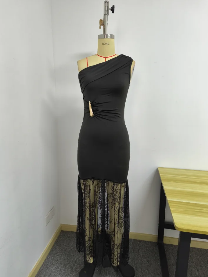 JULISSA MO Patchwork-Spitzenkleid, sexy, schulterfrei, Maxikleid für Damen, schwarz, ärmellos, Abendkleid, Sommer, schmal geschnitten, elegant, Party- und Clubkleid – Detail 6