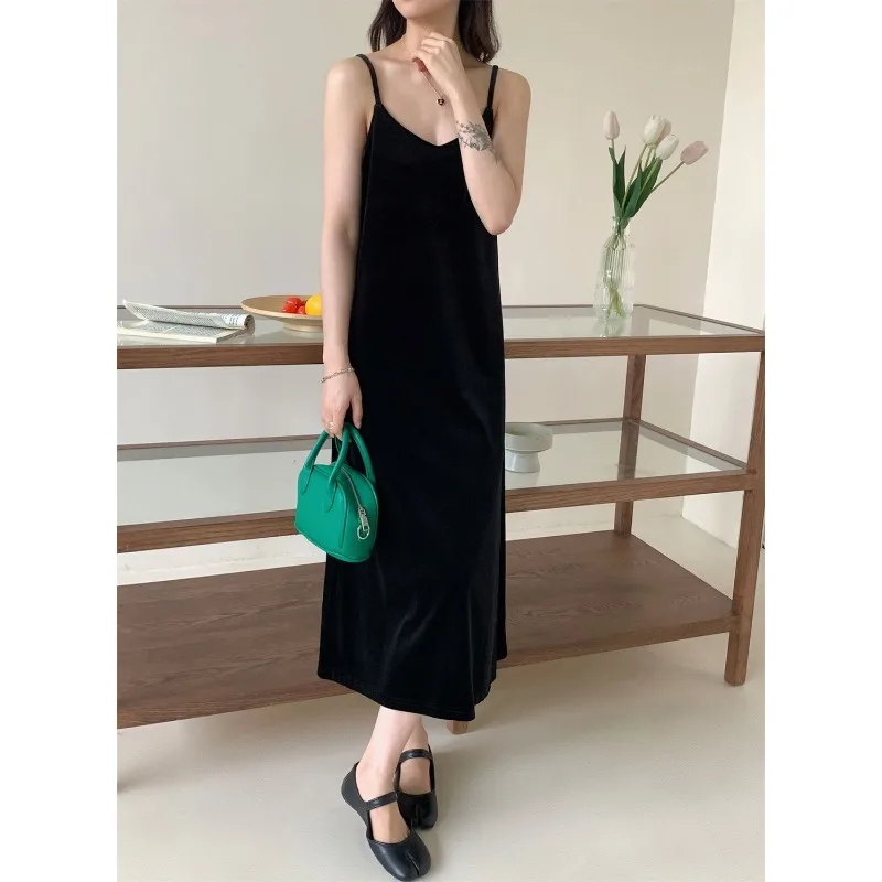 Jupe à bretelles en velours noir et doré pour femmes, col en v, rétro, ample, ligne a, dos nu, robe extérieure d'automne