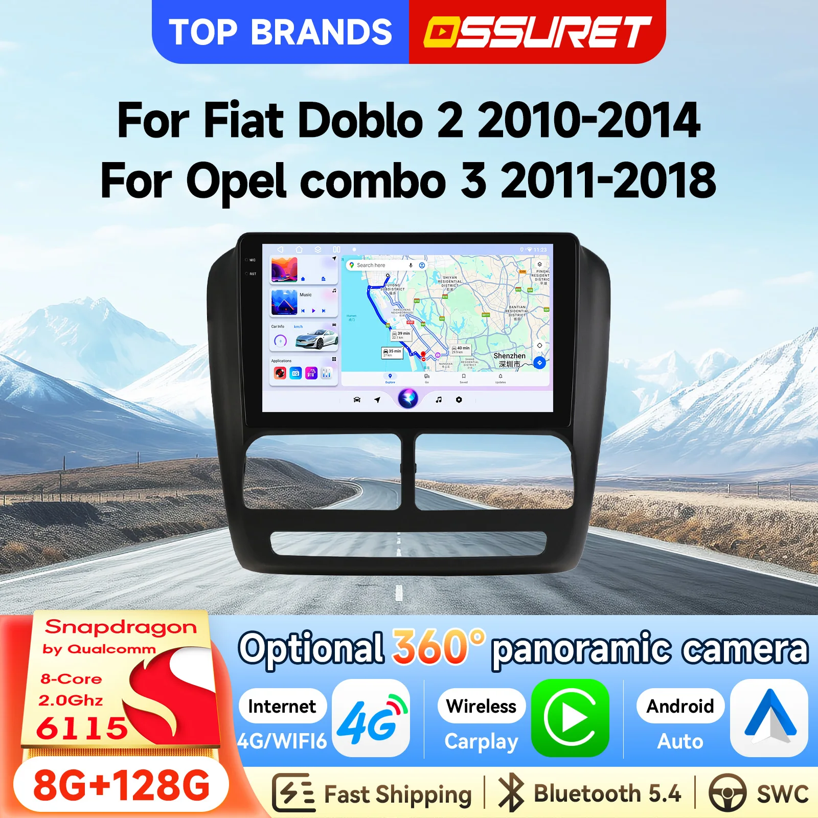 OSSURET Schneller Versand 2 Din 9'' Android 15 GPS-Navigation Autoradio für Fiat Doblo 2 2010-2014 für Opel Combo 3 2011-2018 Autoradio-Headunit CarPlay Android Auto SWC DSP Radio 4G Bluetooth