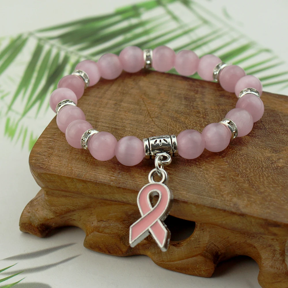 Natural Pink Quartz Bracelet Breast Cancer Awareness Pink Ribbon Pendant Charm Bracelets For Women Bangles Fashion Cute Jewelry