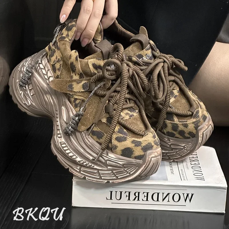 BKQU Leopard-print Daddy Shoes Women 2024 Winter New Retro Ground Leather Muffin Thick Sole Increase Casual Sports Shoes