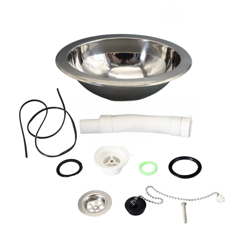 

RV wash basin stainless steel mini oval with straight and elbow launching options.