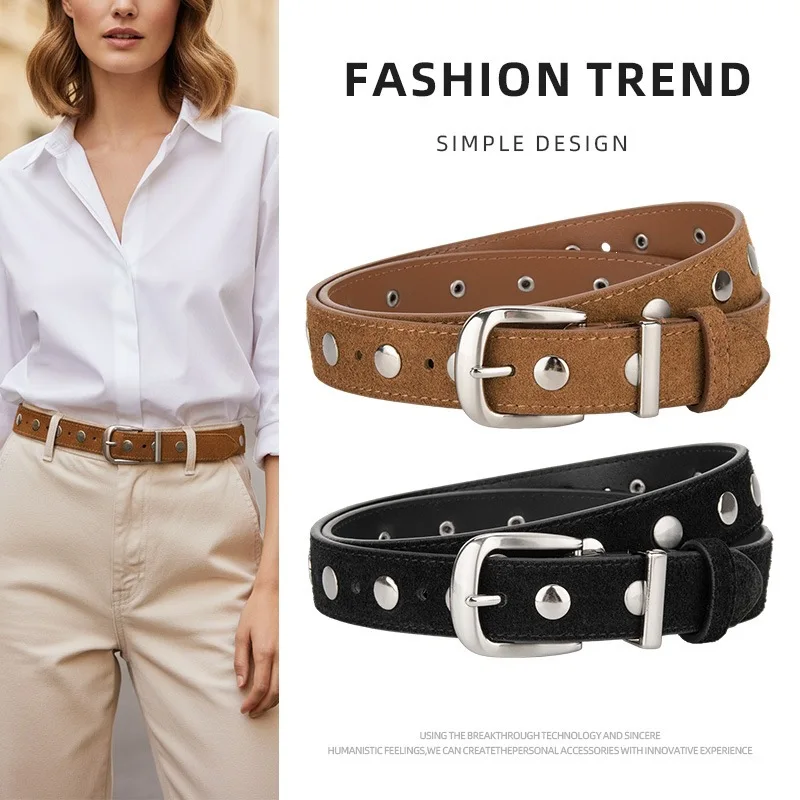 Retro Punk Rivet Leather Belt Women Silver Pin Buckle Fashion Decor Waist Belt