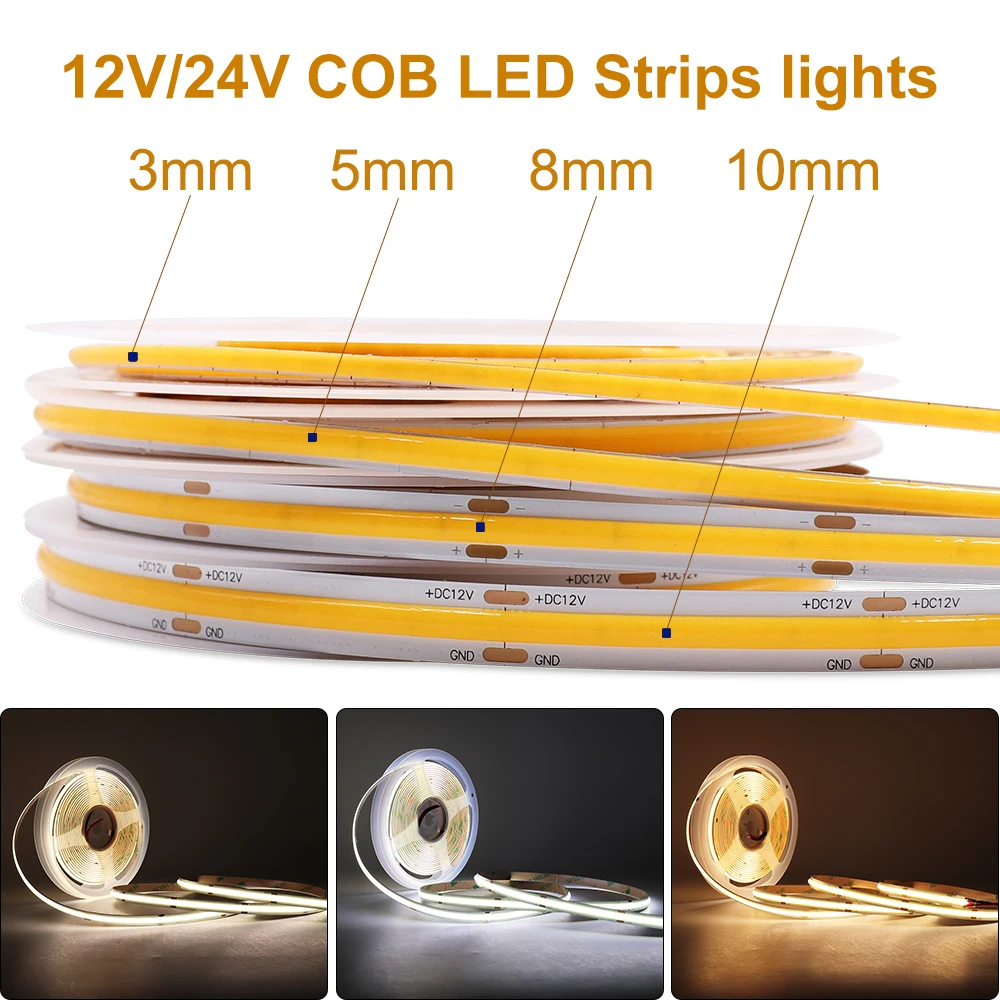 COB LED Strip Lights High Density Flexible RA90 2700K 3000K 4000K 6000K Warm Cool White 5m 10mLinear Dimmable 12V 24V Led Lights