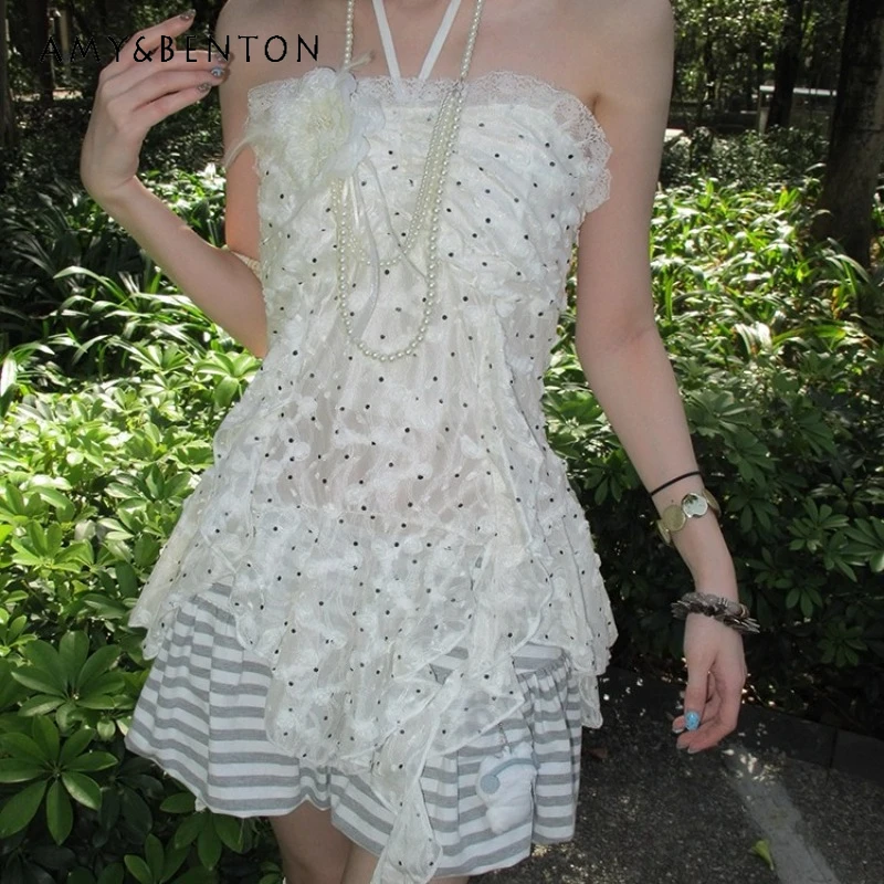 

Korean Design White Polka Dot Women's Camisole 2025 Summer New Sweet Sexy Personality Irregular Mesh Sleeveless Sling Ladies
