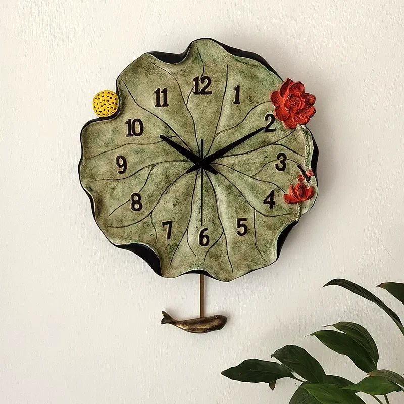 New Chinese Lotus Leaf Wall Clock Tea Art Swing Clock Silent Creative Quartz Clock for Home Living Room Decoration