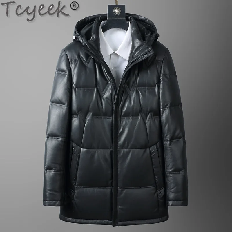 Tcyeek Genuine Leather Jacket Men Hooded Winter Jackets Warm Goose Down Coat Mens Clothing Mid-length Top Layer Cowhide Coats