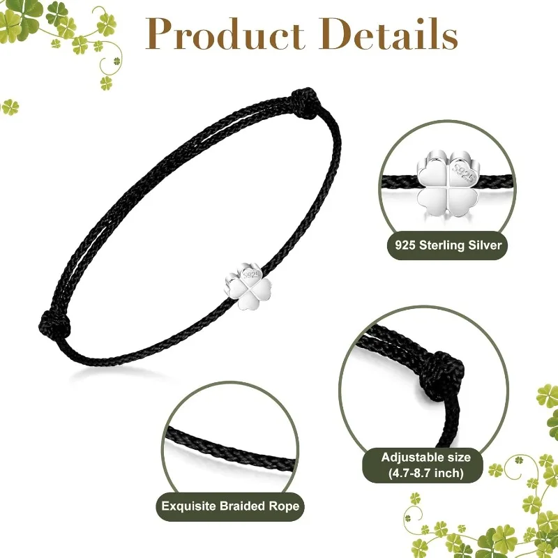 Zestaw bransoletek z srebra próby 925 z motywem szczęśliwego koniczyny, mały, elegancki i delikatny prezent na urodziny przynoszący szczęście.