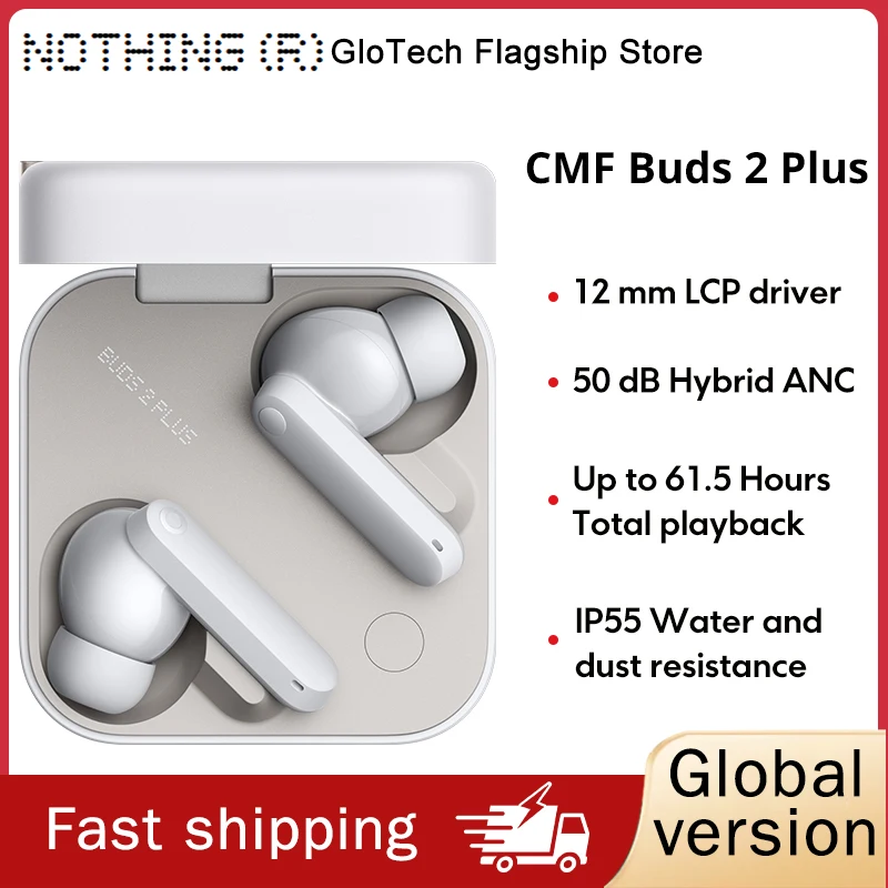 CMF by Nothing Buds 2 Plus New Global version 50dB Hybrid ANC Earbuds Long Battery Hi-Res Audio IP55 Bluetooth-Compatible