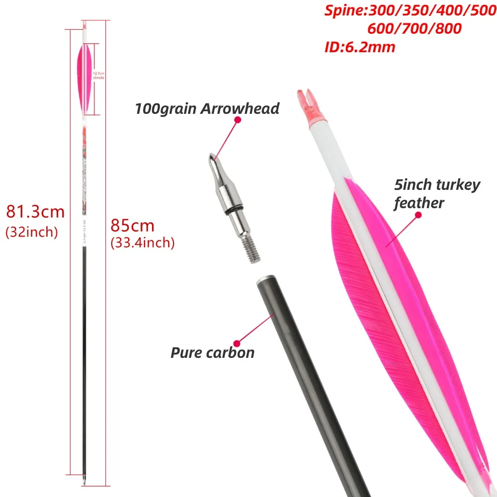 Imagem -06 - Pure Carbon Archery Arrow Spine300 350 400 500 600 700 800 id 62 Milímetros Recurvo Arco Composto Tiro Alvo Acessórios Pcs 12 Pcs