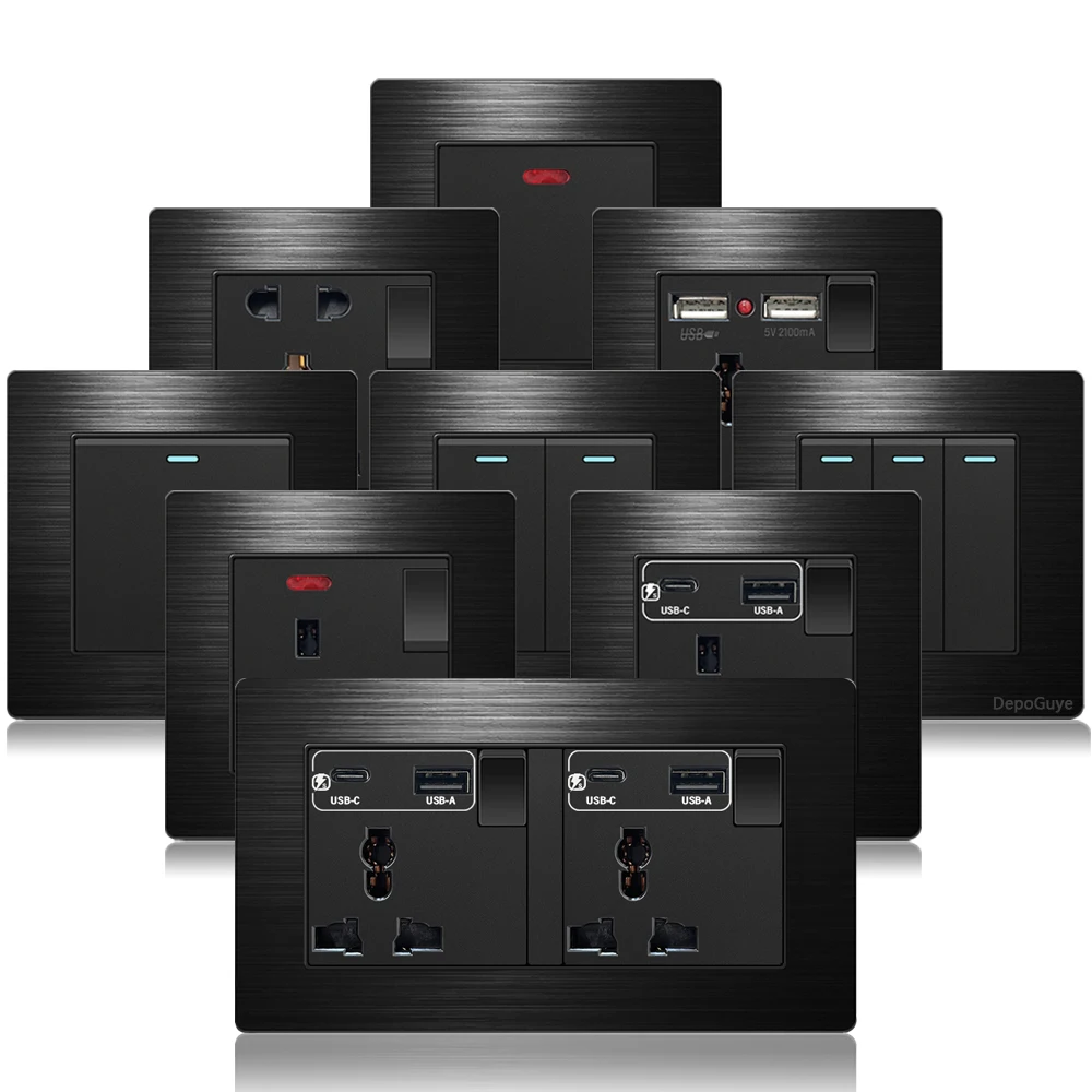 อลูมิเนียมแปรง Universal 3pin Dual USB ซ็อกเก็ต,UK 13A Type-C 18W Quick CHARGING Outlet,220V ไฟฟ้าแผงสวิตช์ไฟผนัง