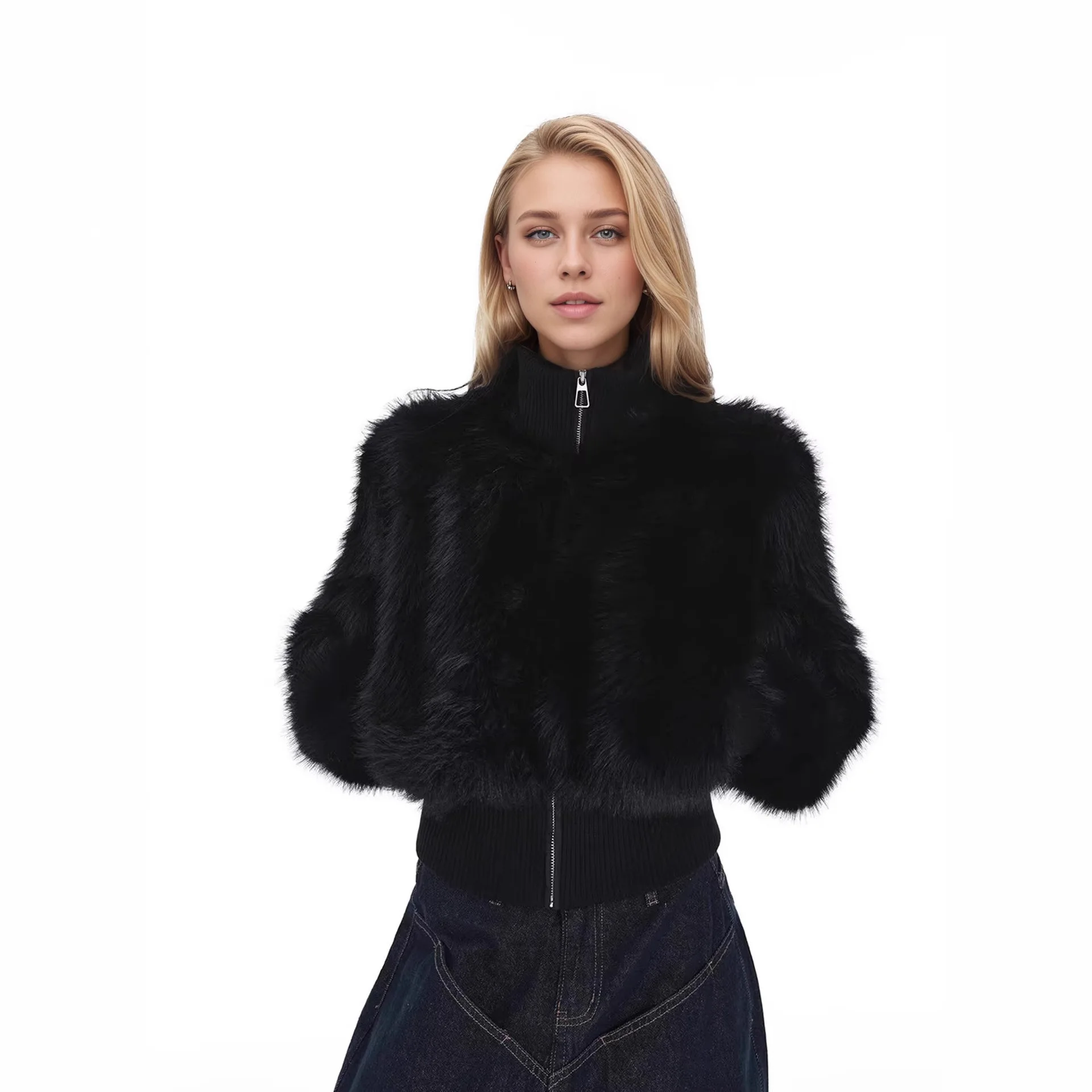 Cool Black Zipper Faux Fur Stitching Coat Women's Winter Short Thickened Plush Ouwear Street Style Jacket