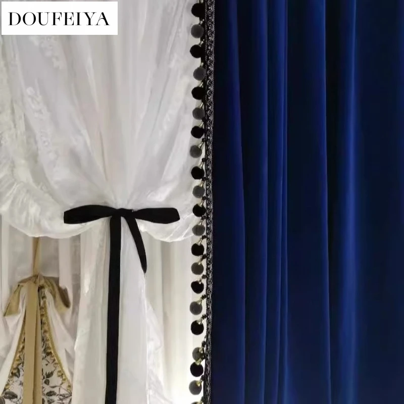 

Custom Size Krishna Blue Luxury Velvet Retro Simple Nordic French Curtains for Living Dining Room Bedroom White Tulle Elegant