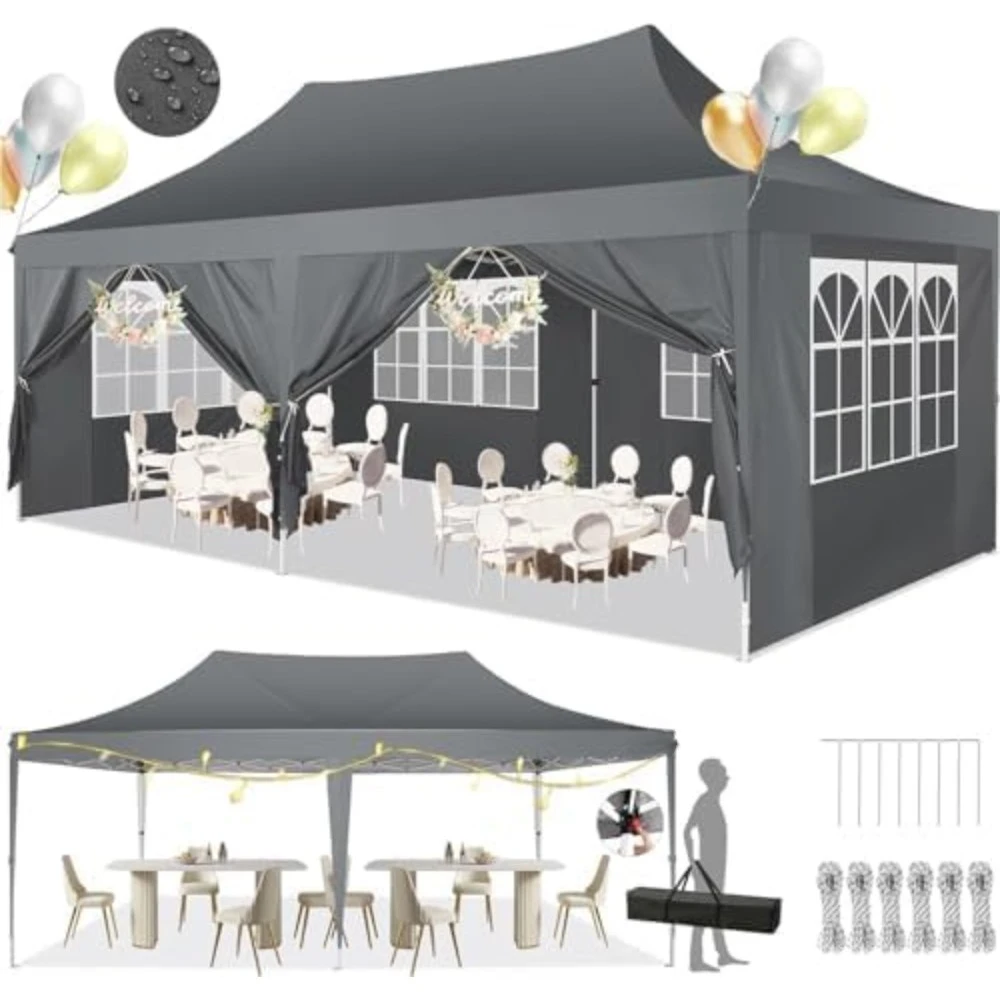 

10x20 Pop Up Canopy with 6 Sidewalls,10x20 Canopy Tent Frame Upgraded with 3 Adjustable Heights,Waterproof UV50+ Outdoor Tent