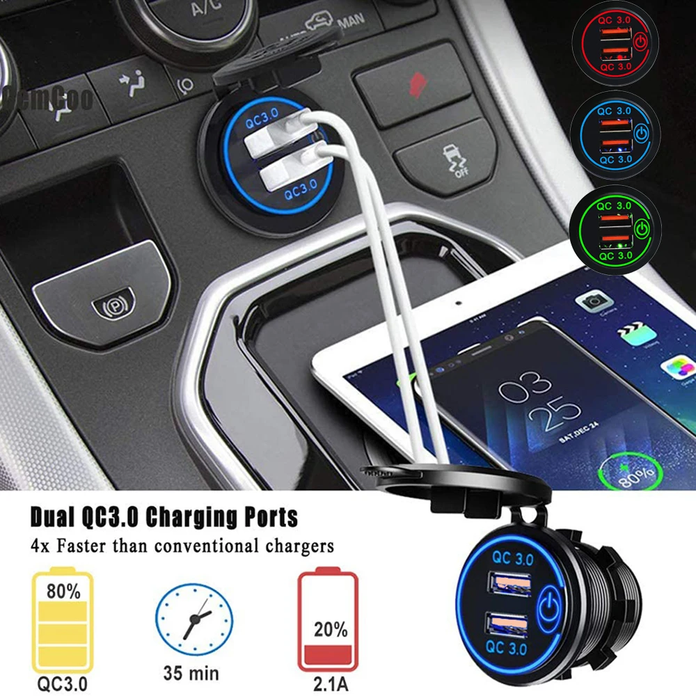 2022 New Quick Charge QC3.0 Dual USB Car Charger Cigarette Lighter Socket Waterproof 12V/24V  Fast Charger With Touch Switch