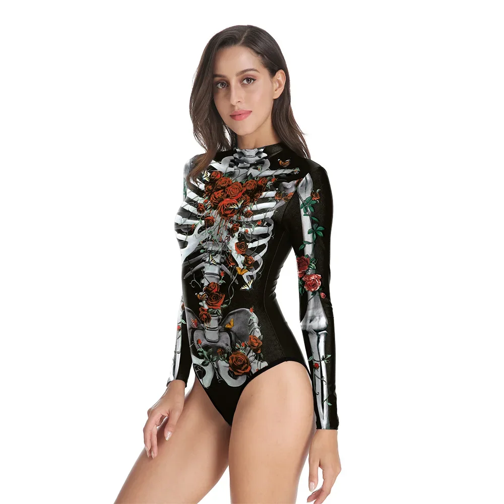 Women Halloween Cosplay Sexy Zippered Triangle One Piece Swimsuit Swimwear Rose Human Skeleton Print Bathing Suit Swimming Suit