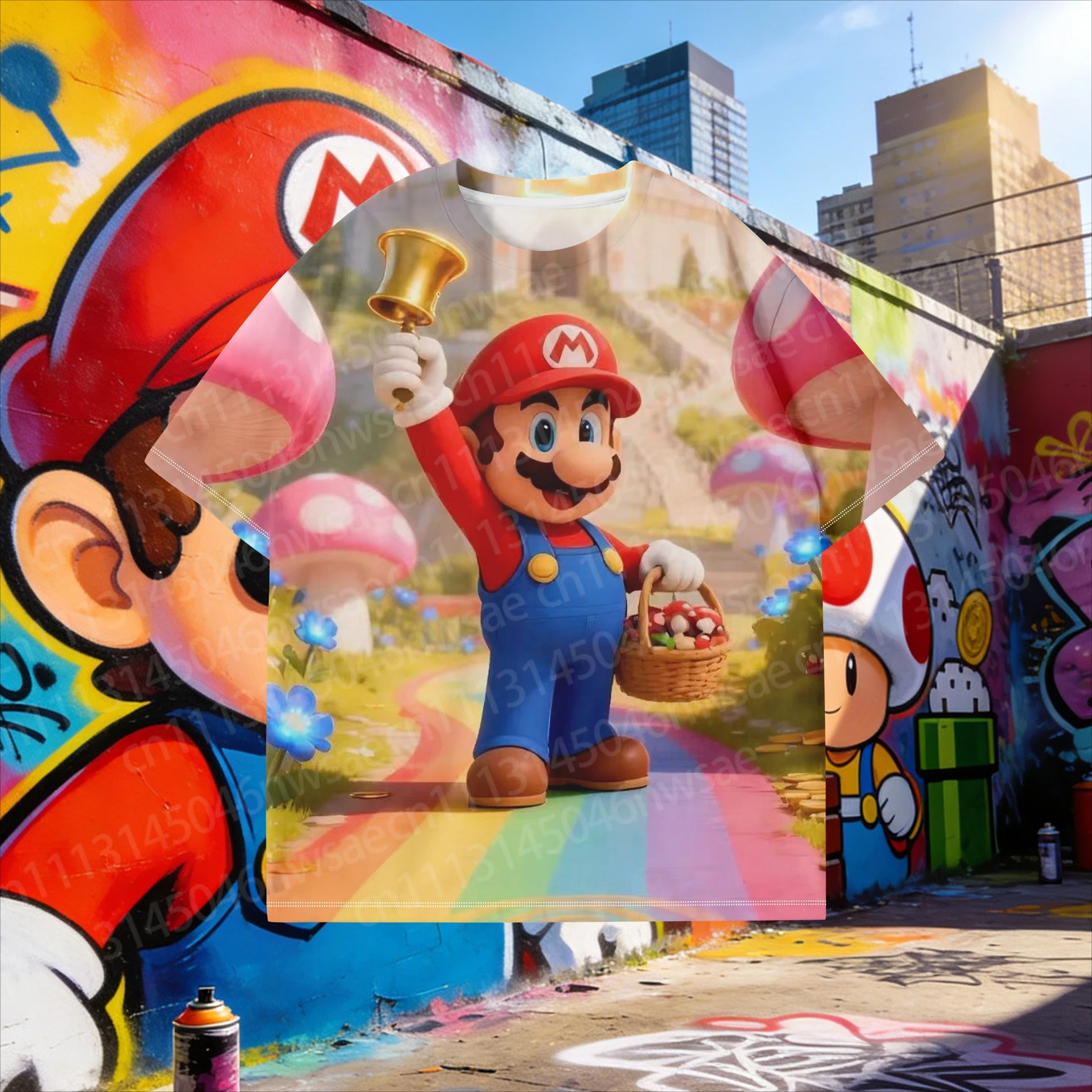 Camiseta de Mario Colorida con Diseño de Hongo 2026, Camiseta Moderna de Mario con Campana y Cesta, Todas las Tallas para Combinar en Familia y Atuendos Diarios