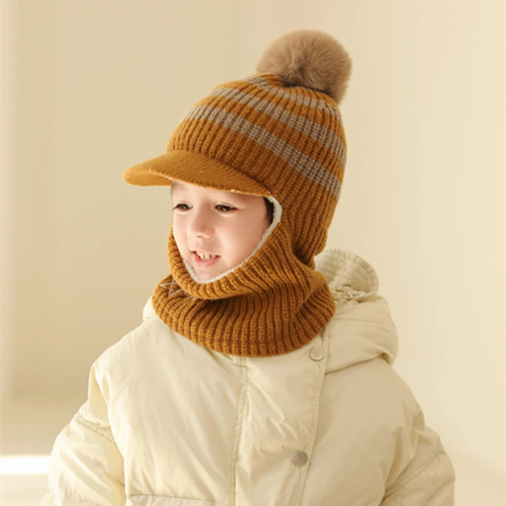 Winter Baby Knitted Hat Scarf Kids Boys Girls Hood Hats Toddler Earflap 𝐁eanie With Neck Warmer Pompom Outdoor Snowball Hat